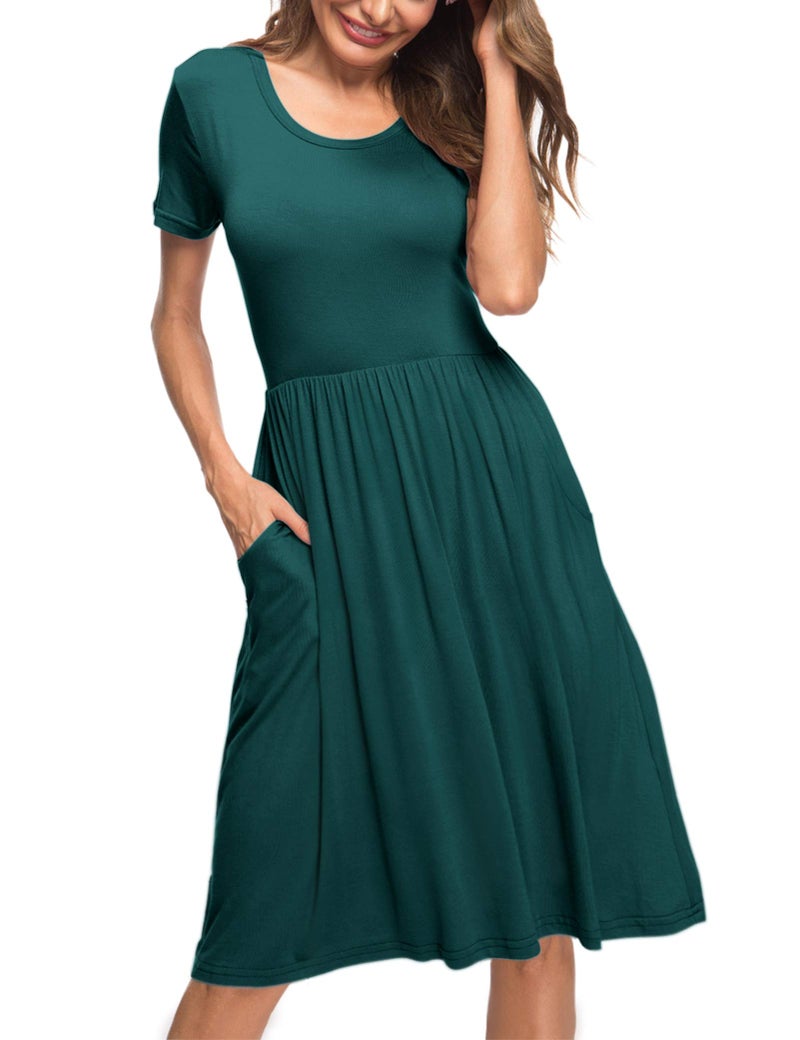 AUSELILY Women's Short Sleeve Empire Waist Dress Pleated Loose Swing Knee Length Dresses with Pockets 2026 New Dark Green L - Image 3